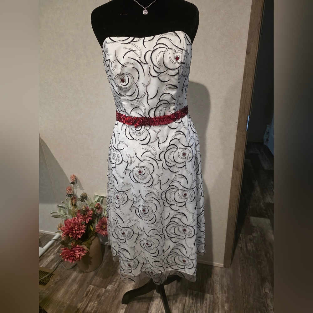David's Bridal Strapless Floral Dress with Red Accent